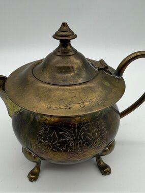 Vintage Brass Tea Pot Etched Floral Design Claw Feet Hinged Lid 4”x5.5” Patina